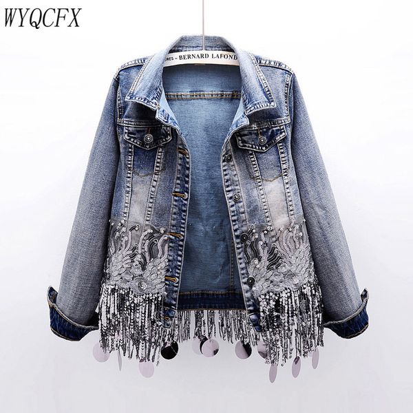 

2020 fashion denim jacket women sequins beading tassel embroidery outwear lady spring autumn long sleeve casual jeans clothes, Black;brown