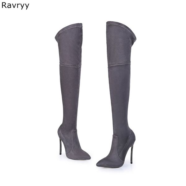

ins fashion women long boots elastic suede leather grey boot autumn winter woman shoes metal thin heel pointed toe female shoes, Black