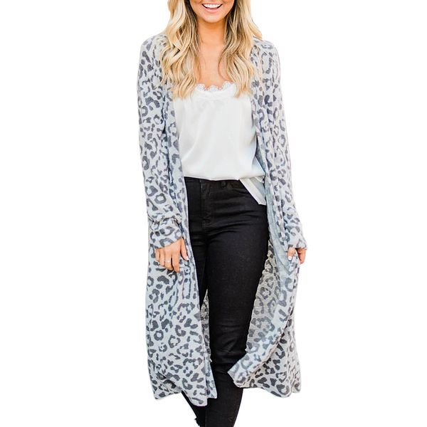 

women leopard knitted long cardigan sweater overcoat female 2019 autumn coat women outwear fashion jacket cardigan feminino, White