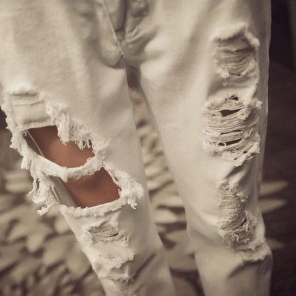 

fashion hole women jeans loose vintage high waist harem pants zipper solid ankle-length pants, Blue