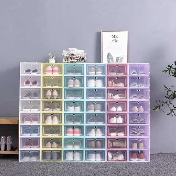 Scatola portaoggetti pieghevole trasparente per scarpe Organizer per scarpe impilabile in plastica Cassetto trasparente addensato Organizer per la casa Scarpiera 6 COLORI