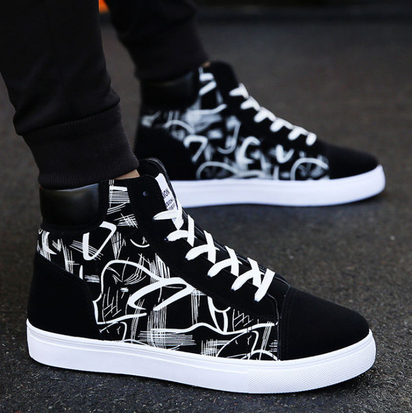 

high-men's shoes student canvas shoes men's casual winter youth board, Black