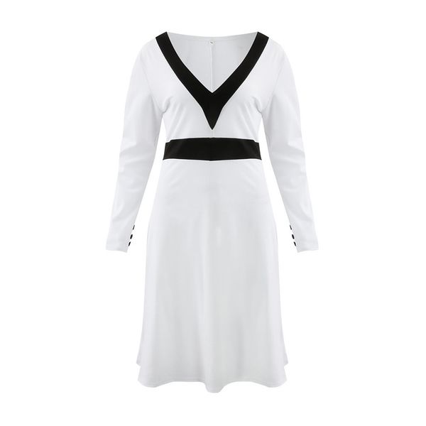 

women v-neck full sleeve patchwork a-line elegant dresses, Black;gray