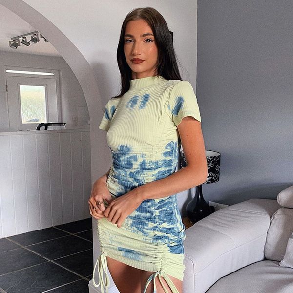 

fashion women slim temperament the tie dye dress dating street clothing drawstring strap design pretty dress 2020 summer new, White;black