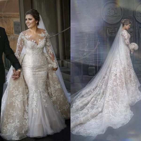 

2020 Vintage Mermaid Wedding Dresses with Detachable Train Arabic Sheer Neck Lace Appliques Plus Size Long Sleeve Bridal Gowns