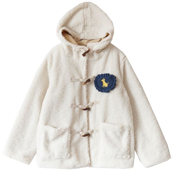 

winter thick warm plus velvet lamb cashmere jacket cute puppy embroidery patch single row horn buckle hooded cotton jacket, Black