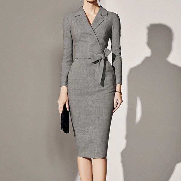 

spring winter ladies dress 2019 work pencil dress long sleeve midi slim women dresses office dress bodycon sashes vestido#j30, Black;gray