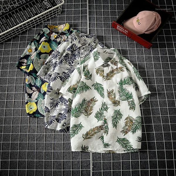 

loose lapel neck male clothing designer shirt mens beach floral print shirt summer retro short sleeve, White;black