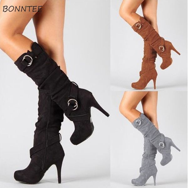 

boots women fashion plus size knee-high thin heels shoes womens warm casual flock solid platform european style female new boot, Black