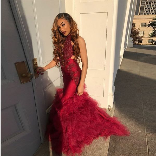 

Gorgeous Burgundy Lace Mermaid Prom Dresses 2019 Halter Neck Backless Long Ruffles Tulle Evening Gowns Black Girls Pageant Gowns Custom