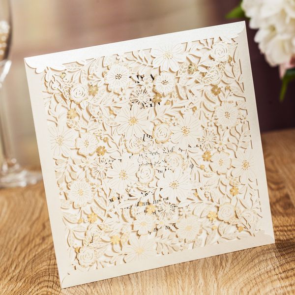 

wishmade 100pcs white square laser cut wedding invitations cards with stamp flower for bridal shower birthday gift party