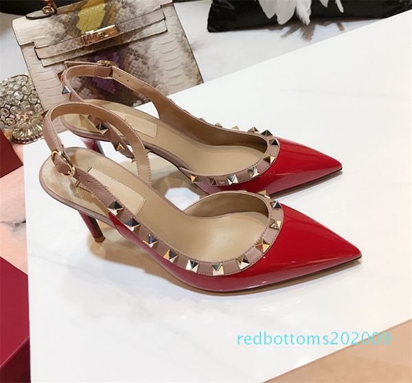 

fashion luxury designer women sandals shoes high heels 9cm strap with studs high heels leather pointed toes pumps dress shoes r09, Black