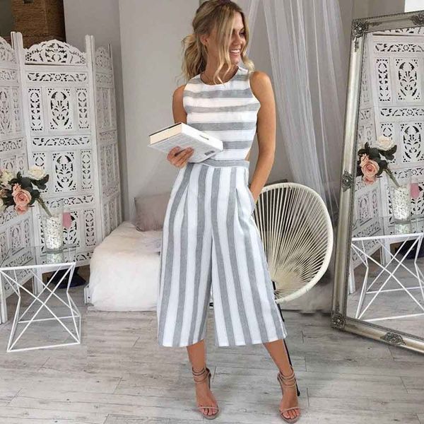 

fashion whole woman summer sleeveless striped jumpsuit casual wide leg pants striped outfit combinaison femme body feminino, Black;white