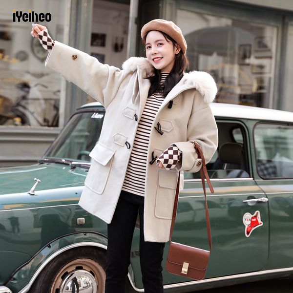 

ms wool jacket woman mid-length woolen coat autumn winter 2019 fashion horn button fur collar hooded loose long overcoat female, Black
