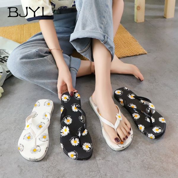 

bjyl 2020 new little daisy flip flops women slippers outdoor flats sandals flower beach shoes y2 flip flops women shoes, Black