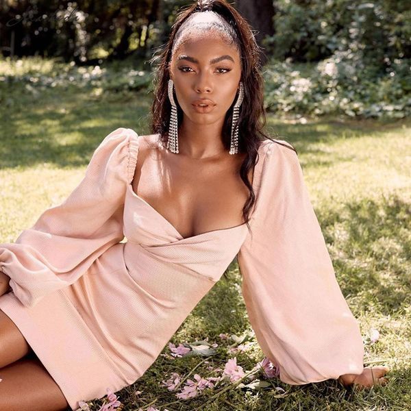 

macheda summer women pink lantern sleeve low bust dress lady package hip mini bodycon dress casual vacation 2019 new, Black;gray