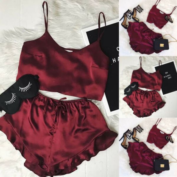 

2pcs new women silk satin solid color vest asymmetric ruffle shorts summer pajamas set, Blue;gray
