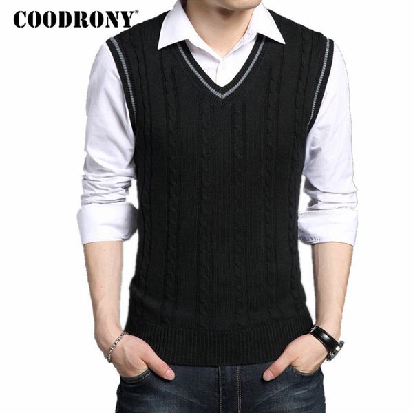 

coodrony wool vest men 2018 autumn winter new classic v-neck sleeveless sweater men cotton knitwear pull brand clothing 7401, Black;white