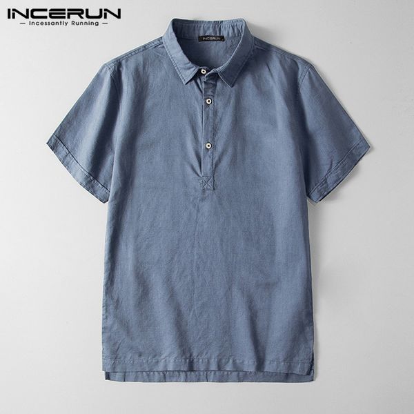 

men cotton shirt short sleeve lapel solid color casual brand blouse 2020 streetwear camisas hombre harajuku incerun, White;black