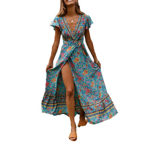 BOHO Çiçek Baskı Uzun Maxi Kadınlar Şifon Tulum Bölünmüş Yaz Plaj V Boyun Kısa Kollu Bayanlar Wrap Playsuits Robe Femme 2019 Y19060501
