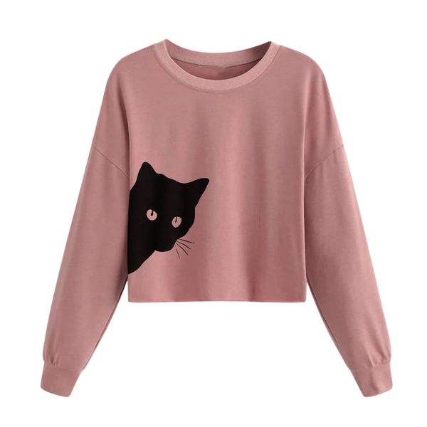 

women cat print sweatshirt sports wear autumn spring casual o-neck long sleeve blouse pullovers sweatershirt jumper moletom, Black
