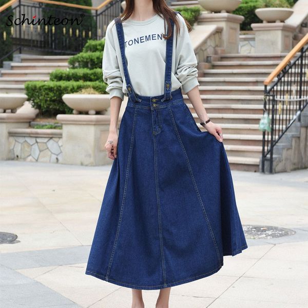 

schinteon new denim suspender skirt long jeans skirt preppy style overalls removable strap, Black
