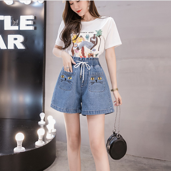 

women's shorts cartoon design high waist women 2021 summer 5xl plus size with pockets elastic loose blue denim fw878, White;black