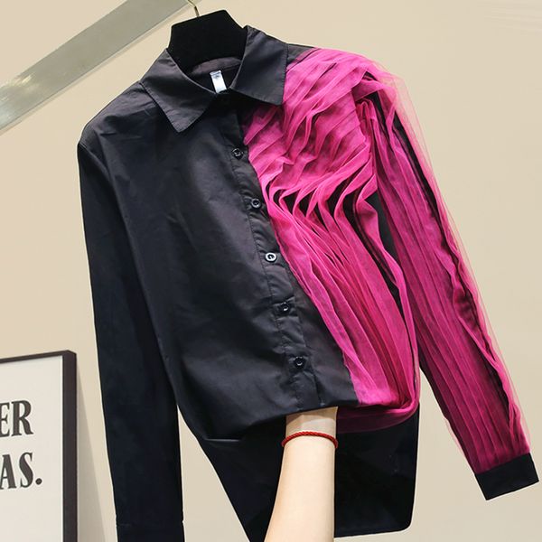 

women's blouses & shirts spring clothing fold-down collar contrast color pleated side black shirt ladies blusas mujer de moda 2021, White