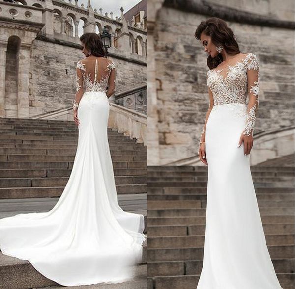 

White Berta Country Style Mermaid Wedding Dresses 2019 Lace Applique Bohemian Bridal Gowns Sweep Train Long Sleeve Boho Wedding Dress