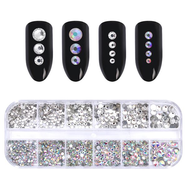 

12 grids nail rhinestones multi-size ab color clear crystal flat bottom nail art 3d decoration accessories tools diy design, Silver;gold