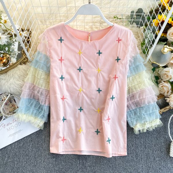 

korean sweet color mesh puff sleeve splicing embroidered shirt blouse women round neck elegant k465, White