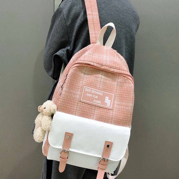 

student female cute backpack linen women fashion school bag harajuku girl kawaii canvas lattice ladies doll pendant backpack
