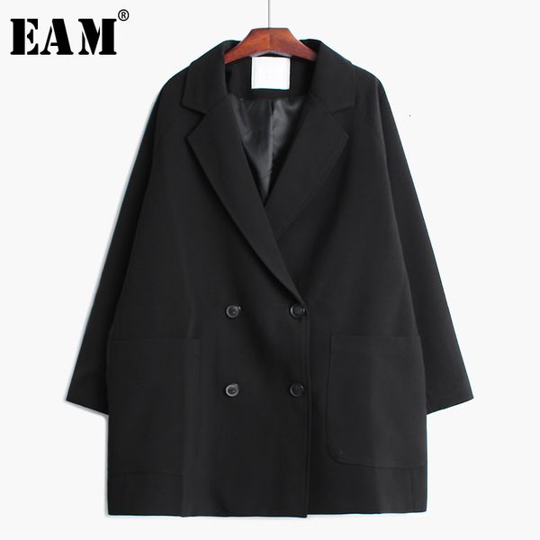 

eam] loose fit double breasted pocket stitch big size jacket new lapel long sleeve women coat fashion autumn winter 2019 1h126, Black;brown