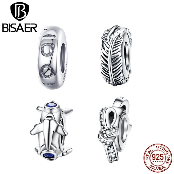 

bisaer 100% 925 sterling silver 4 styles clip stopper spacer charms love plane knot feather diy fine accessories gxc1215, Bronze;silver