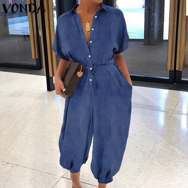 

2020 vonda demin overalls rompers womens jumpsuits female v neck lapel neck rompers plus size wide leg pants s-5xl, Black;white