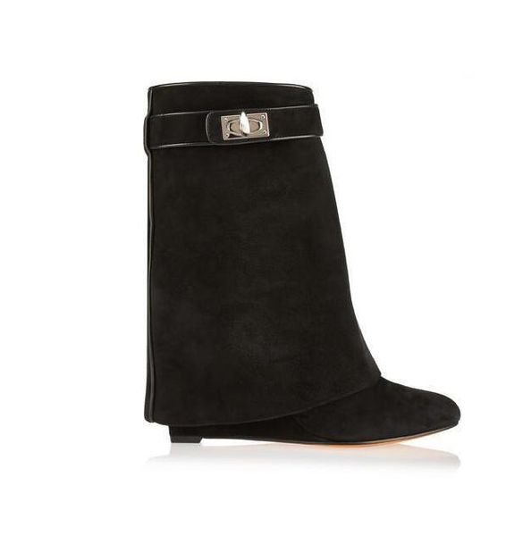 

luxury designer metallic shark lock women ankle boots high-heeled pumps leather short booties strap wedges shoes large size, Black