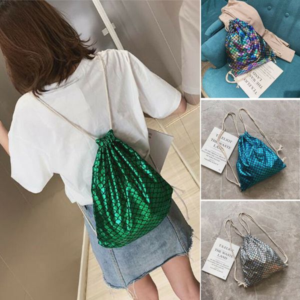 

noenname fish scale women drawstring backpacks sports travel shoulder bags satchel tote clutch elastic rucksack