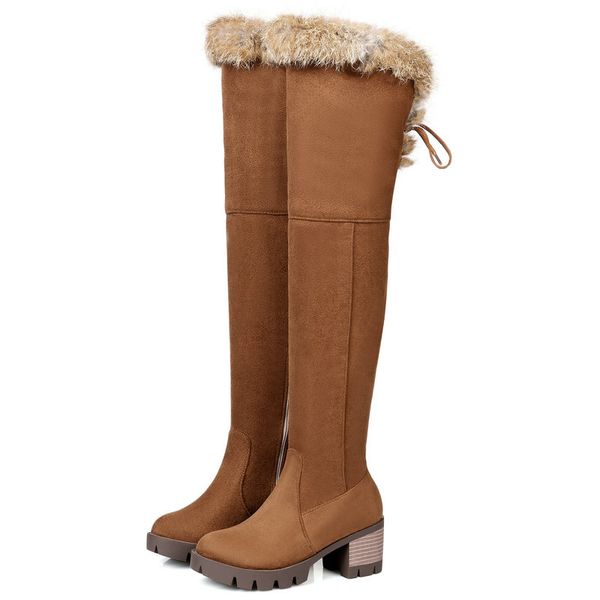 

size 33-43 female fux fur on over-the-knee boots women flock lace-up shoes lady winter dress shoes woman 6cm heels shoe, Black