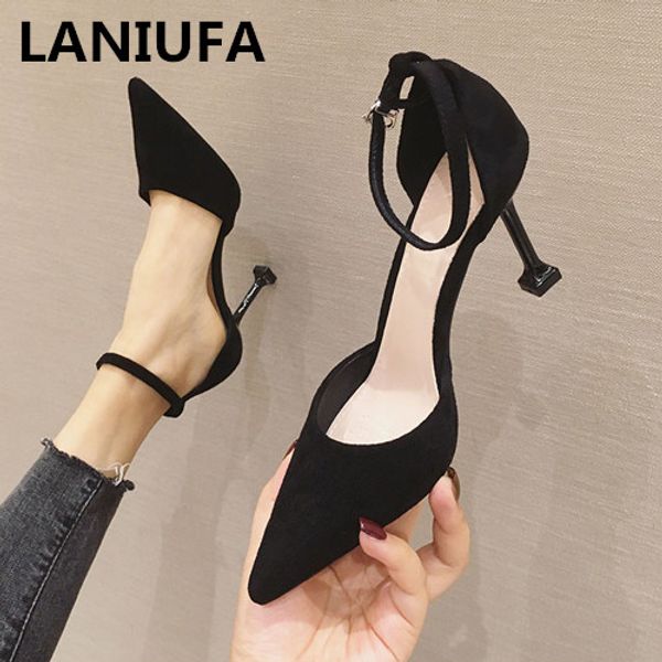 

spring classic women sandals pu leather pointed toe high heels wedding dress shoes sandals women thin heel shoes mujer y046, Black