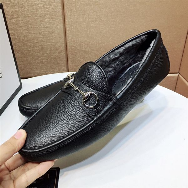 

winter peas shoes men's wool integrated leather luxury men's casual frosted leather one pedal driving shoes men 38-44 01, Black