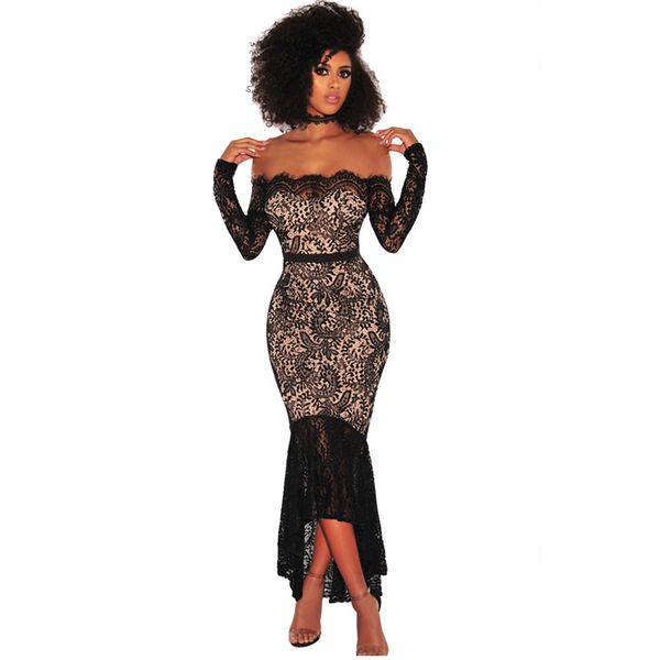 

2019 new women lace mermaid tunic ladies long sleeve off shoulder bodycon maxi dress elegant slim formal party dresses vestido, Black;gray
