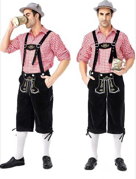 

designer costumes 2019 new german traditional oktoberfest clothing plaid shirt men's beer suspenders suit luxury clothing size m-xxl, Black;red