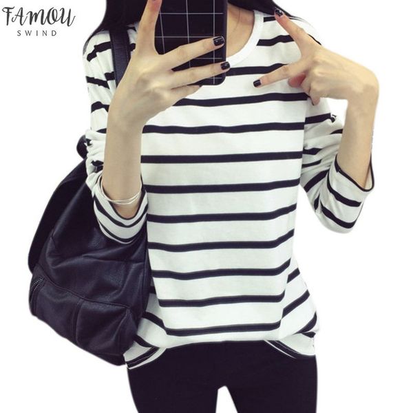 

осень женская толстовка повседневная рубашка полосатая толстовка navy черный белый полосатой тонкий нижняя тенниска перевозка груза падения, White