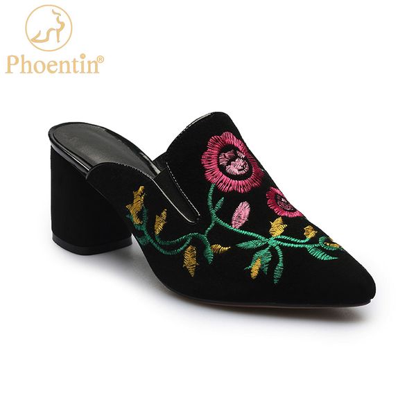 

phoentin embroidery flower pointed toe mules 2020 suede mules high heels black female shoes plus size outdoor slippers ft934