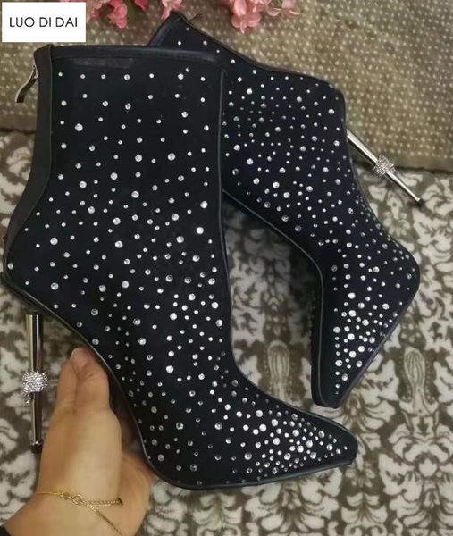 

2019 new women rhinestone boots metal skull heels booties party shoes ladies air mesh boots summer diamond ankle, Black