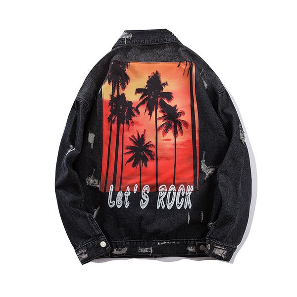 

coconut tree sunset printed denim jackets men winter harajuku ripped frayed cotton jacket men hip hop vintage denim jacket, Black;brown