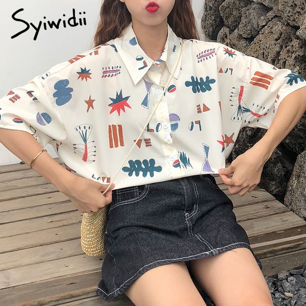 

women's blouse vintage big size chiffon short sleeve 2019 summer korean top beige streetwear print shirts women blouses dropship, White