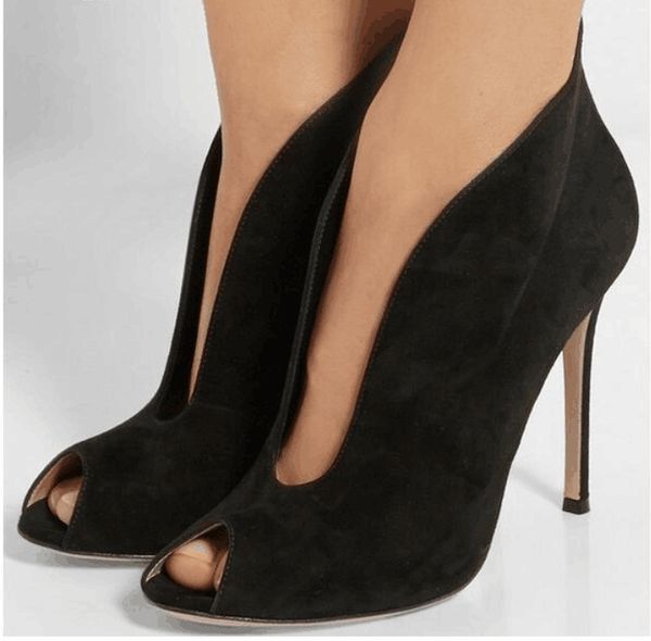 

kolnoo vintage style women's high heel pumps v-neck peep-toe dress shoes kid-suede party prom fashion evening court shoes d187, Black