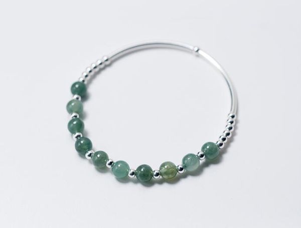 

real. 925 sterling silver fine jewelry small round beads& 6mm natural emerald jade stone chain bracelet charms gtls514, Black