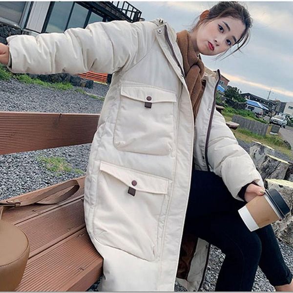 

women parkas feminine coat clothing warm jacket korean style winter long outerwear casual fashion sobretudo hat big pocket, Black
